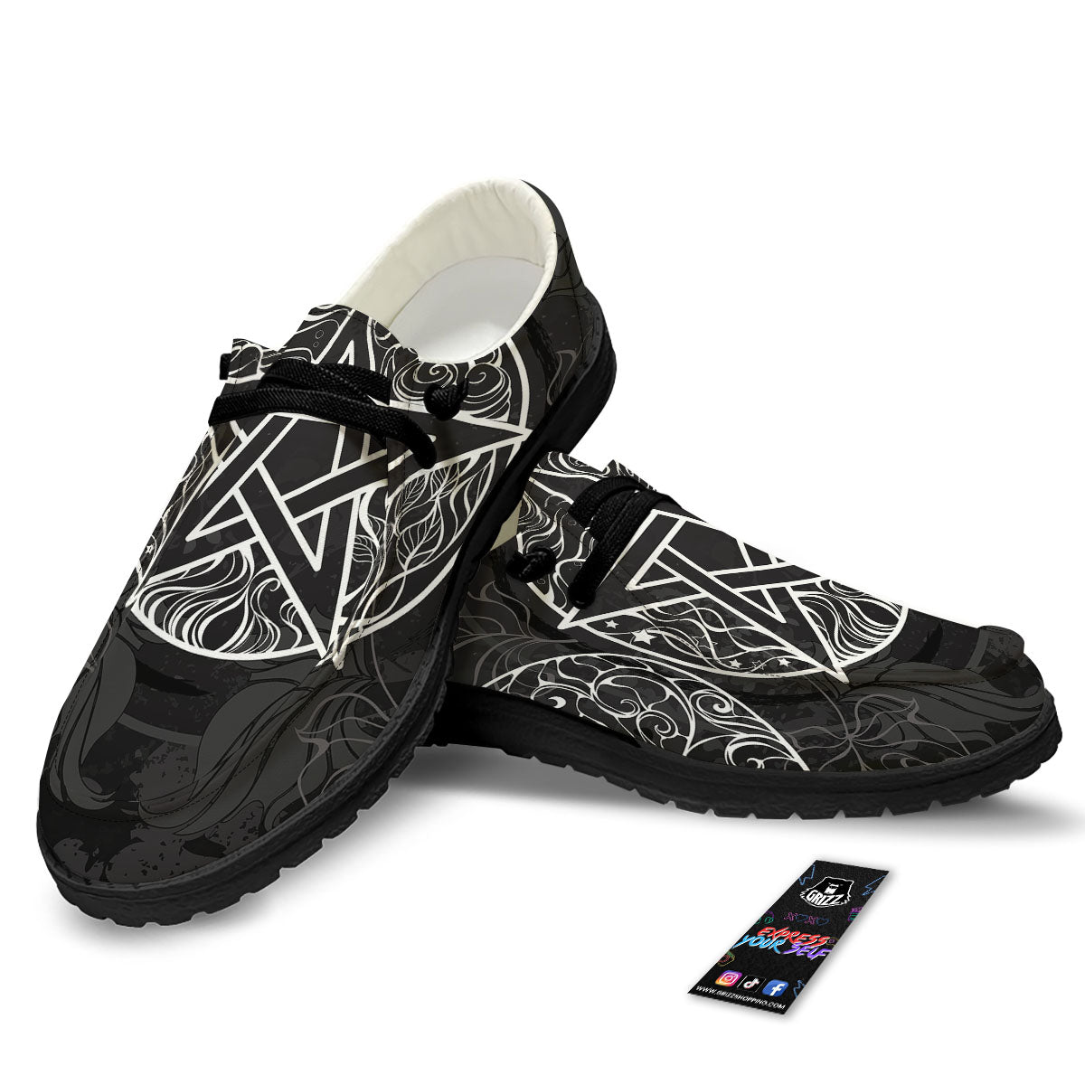 Wicca Pentagram White And Black Print Black Loafers-grizzshop