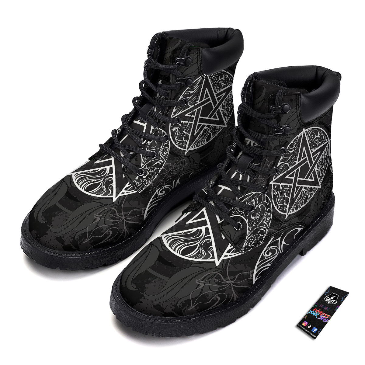 Wicca Pentagram White And Black Print Boots-grizzshop