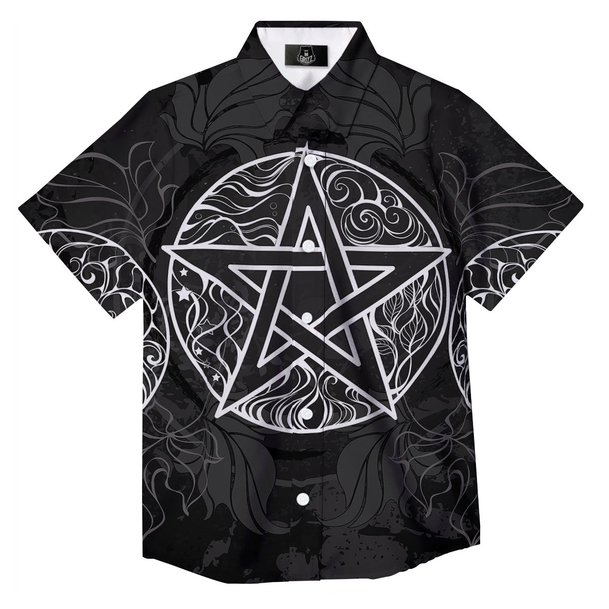 Wicca Pentagram White And Black Print Button Up Shirt-grizzshop