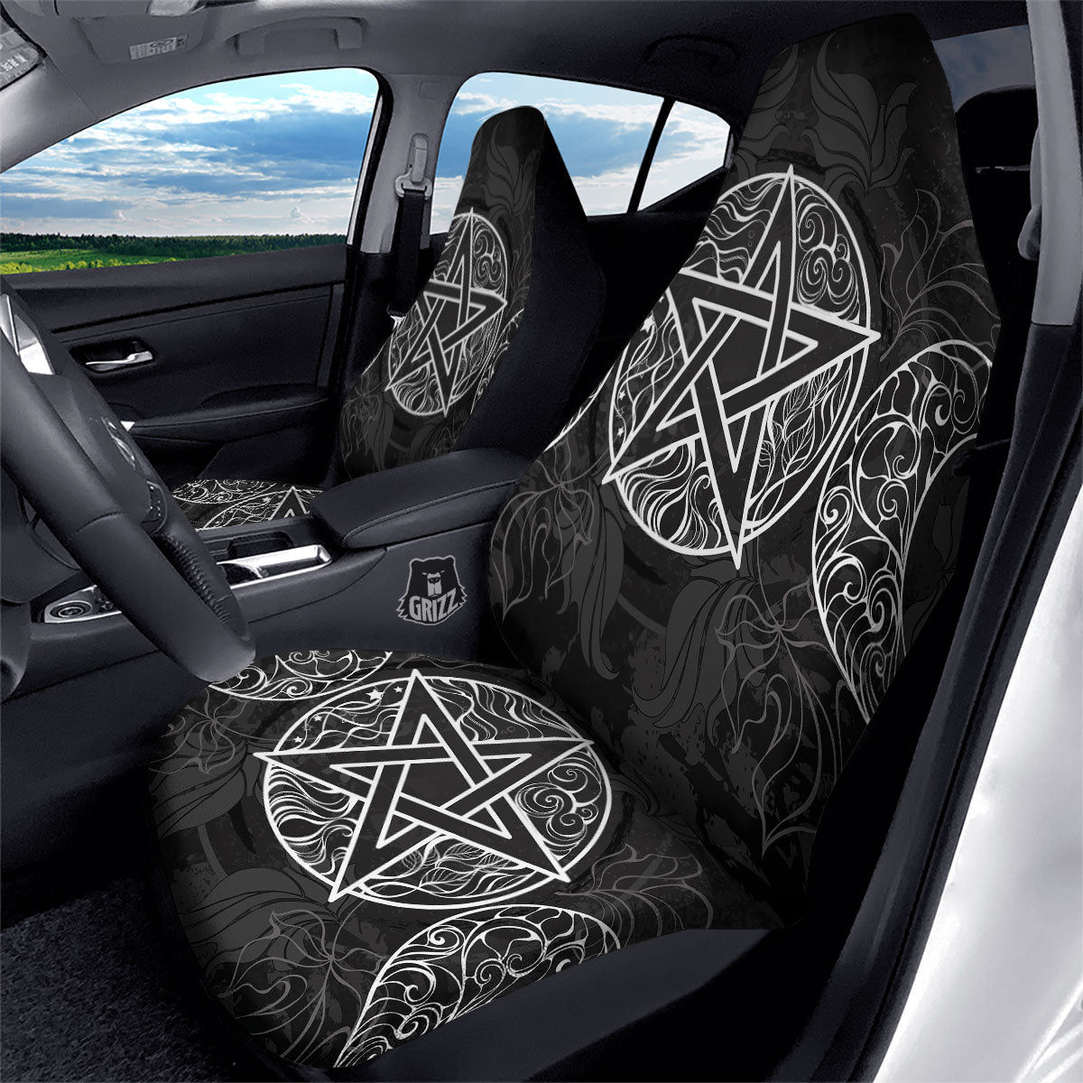 Wicca Pentagram White And Black Print Car Seat Covers-grizzshop