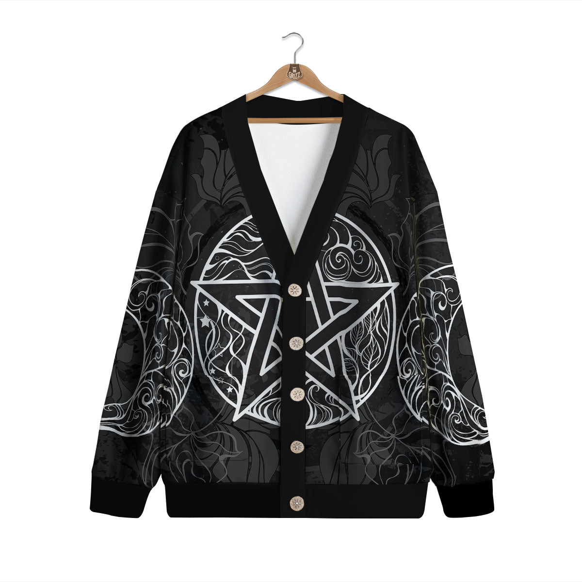 Wicca Pentagram White And Black Print Cardigan-grizzshop