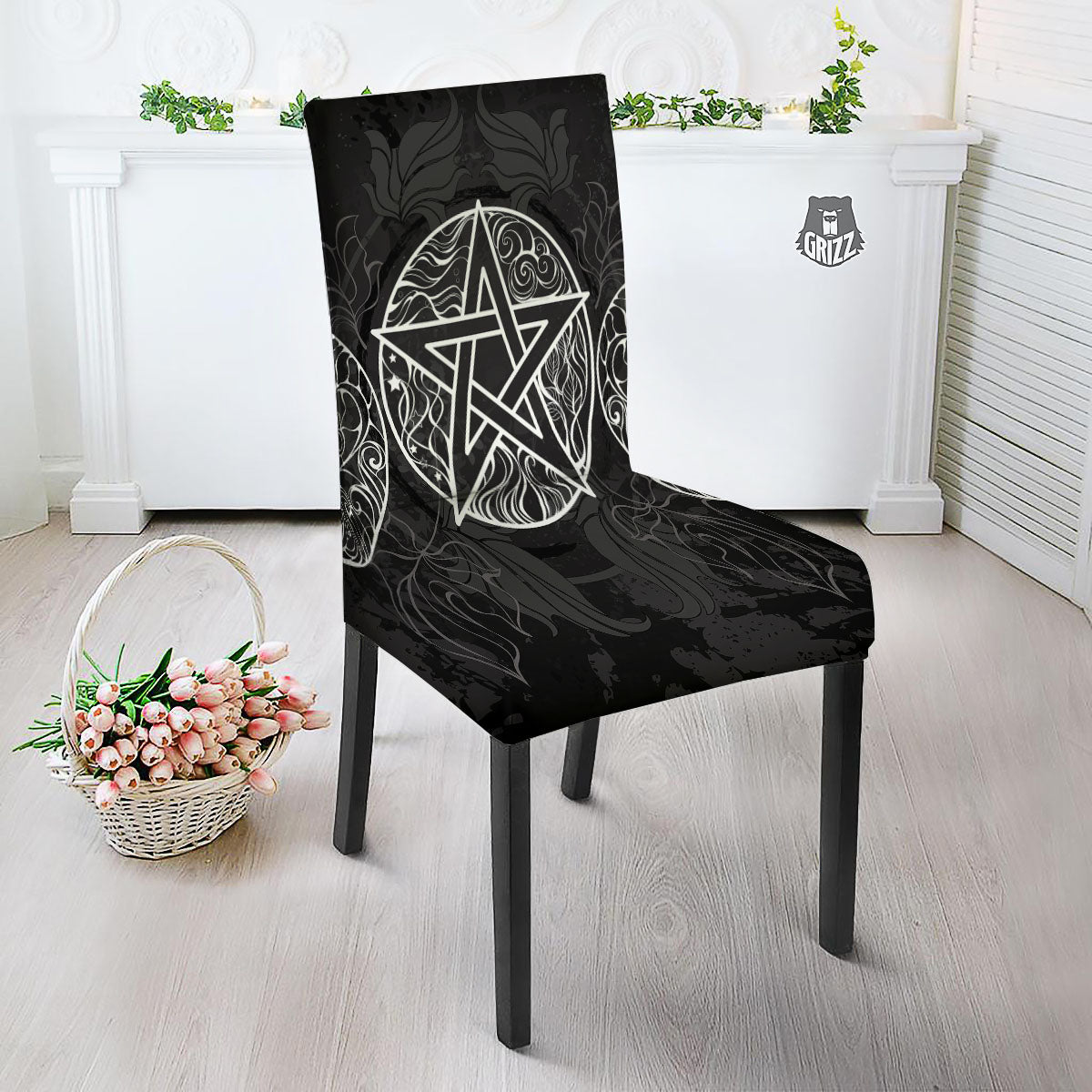 Wicca Pentagram White And Black Print Dining Chair Slipcover-grizzshop