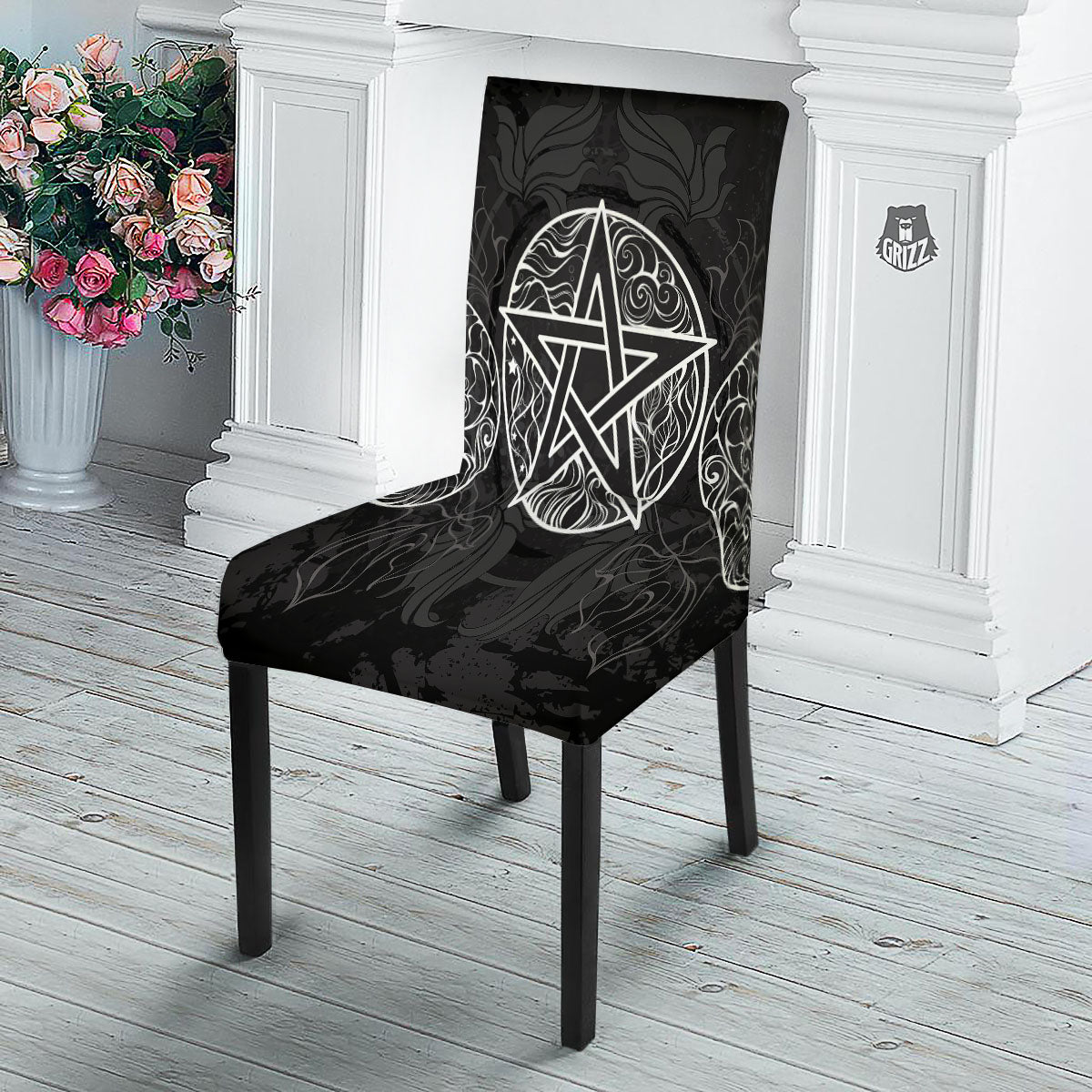 Wicca Pentagram White And Black Print Dining Chair Slipcover-grizzshop