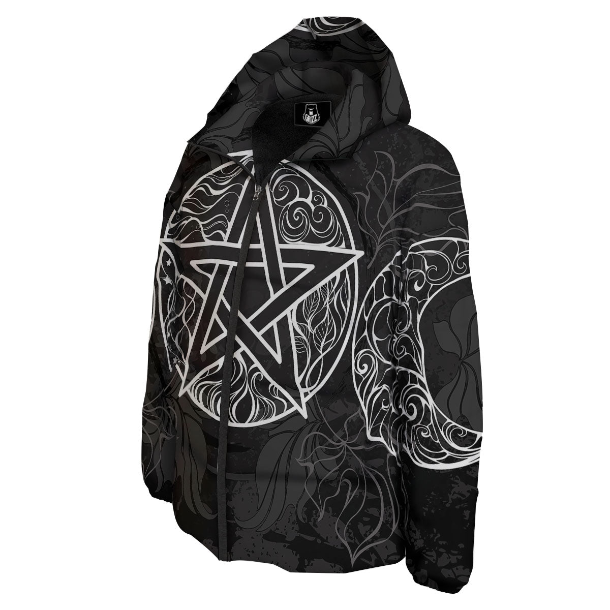 Wicca Pentagram White And Black Print Down Jacket-grizzshop