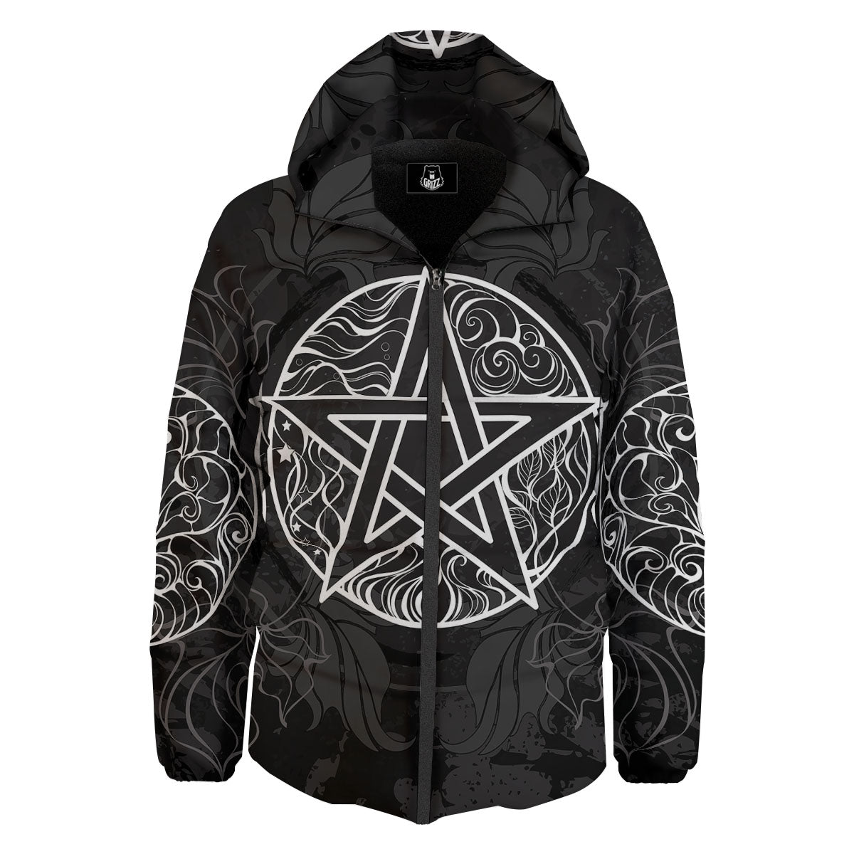Wicca Pentagram White And Black Print Down Jacket-grizzshop