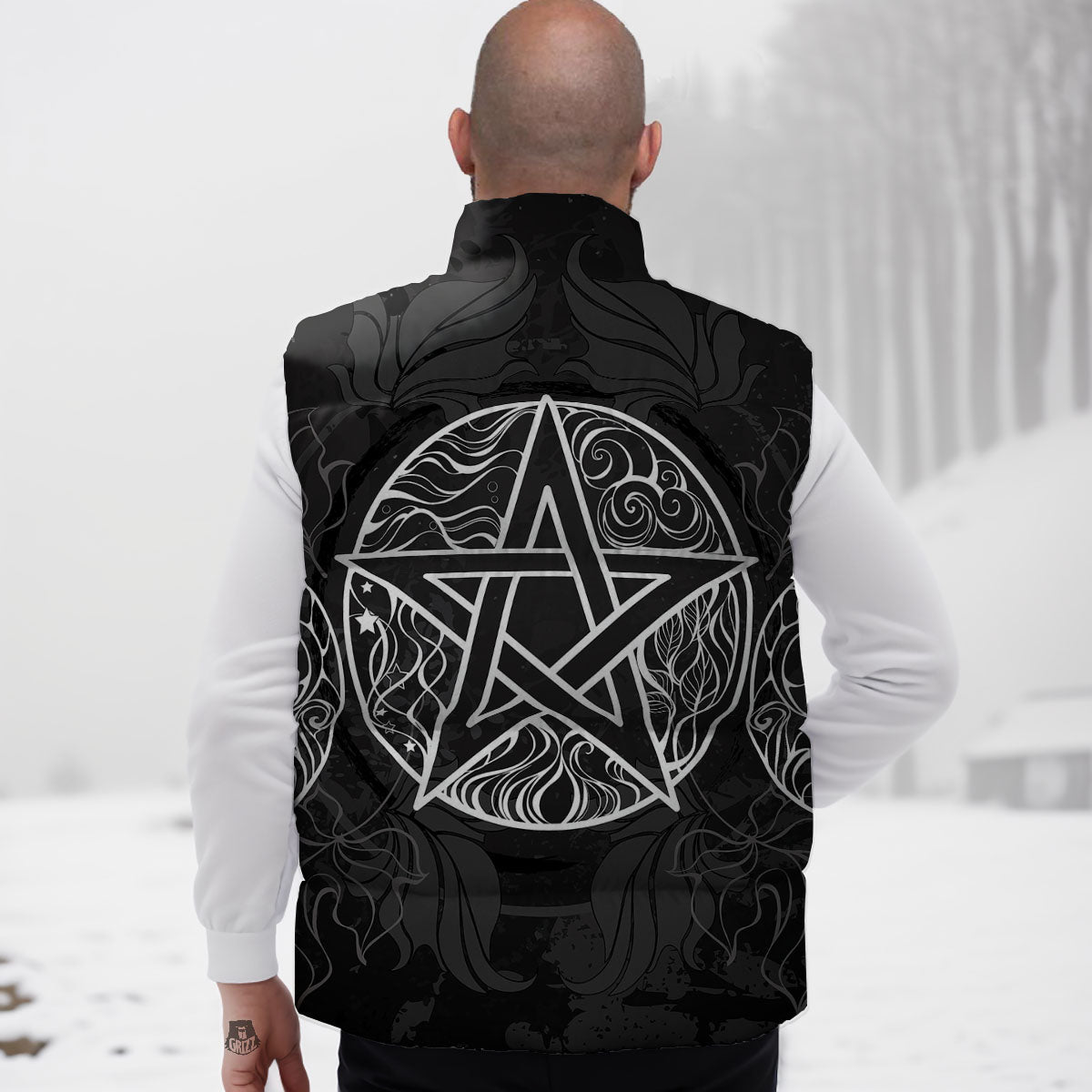 Wicca Pentagram White And Black Print Down Vest