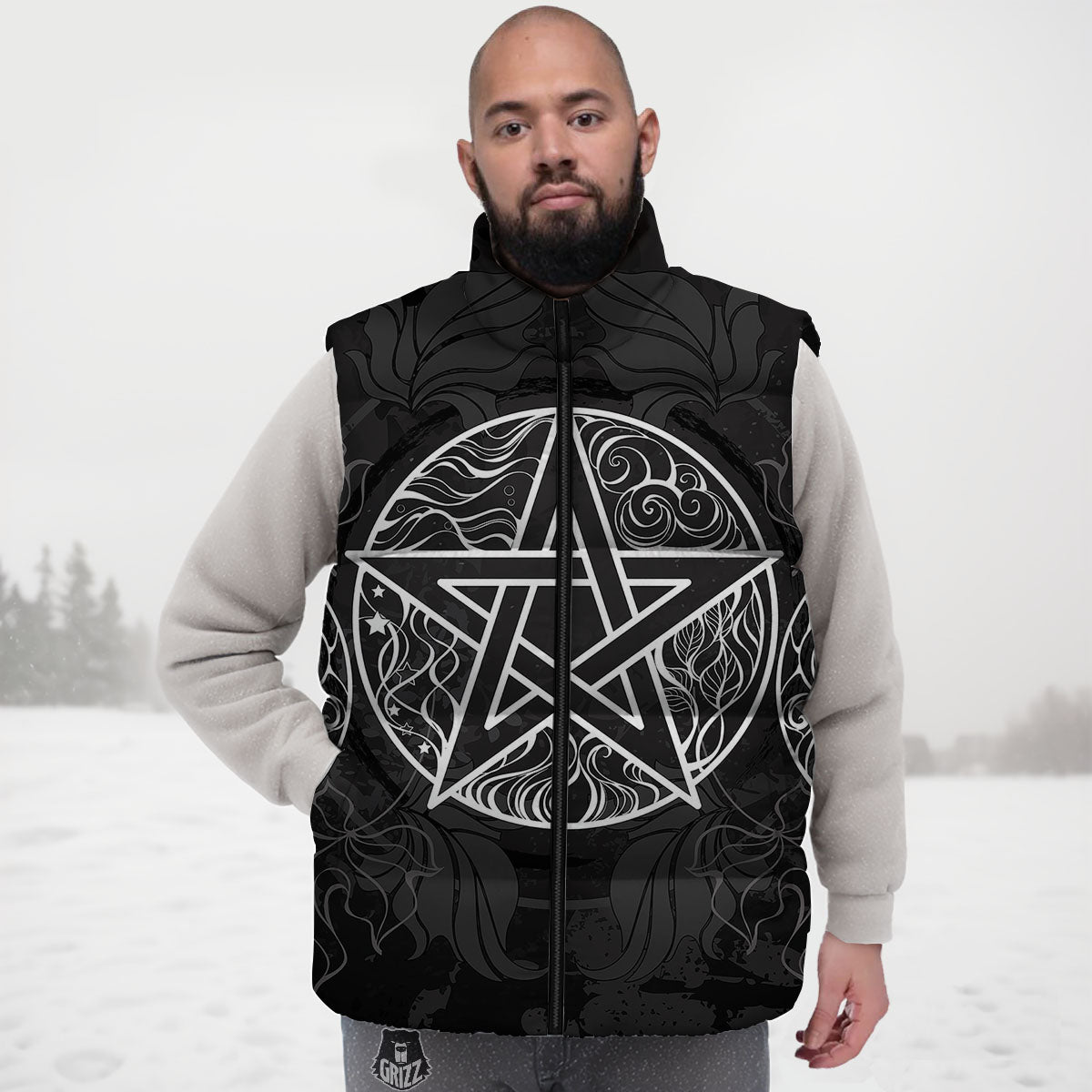 Wicca Pentagram White And Black Print Down Vest