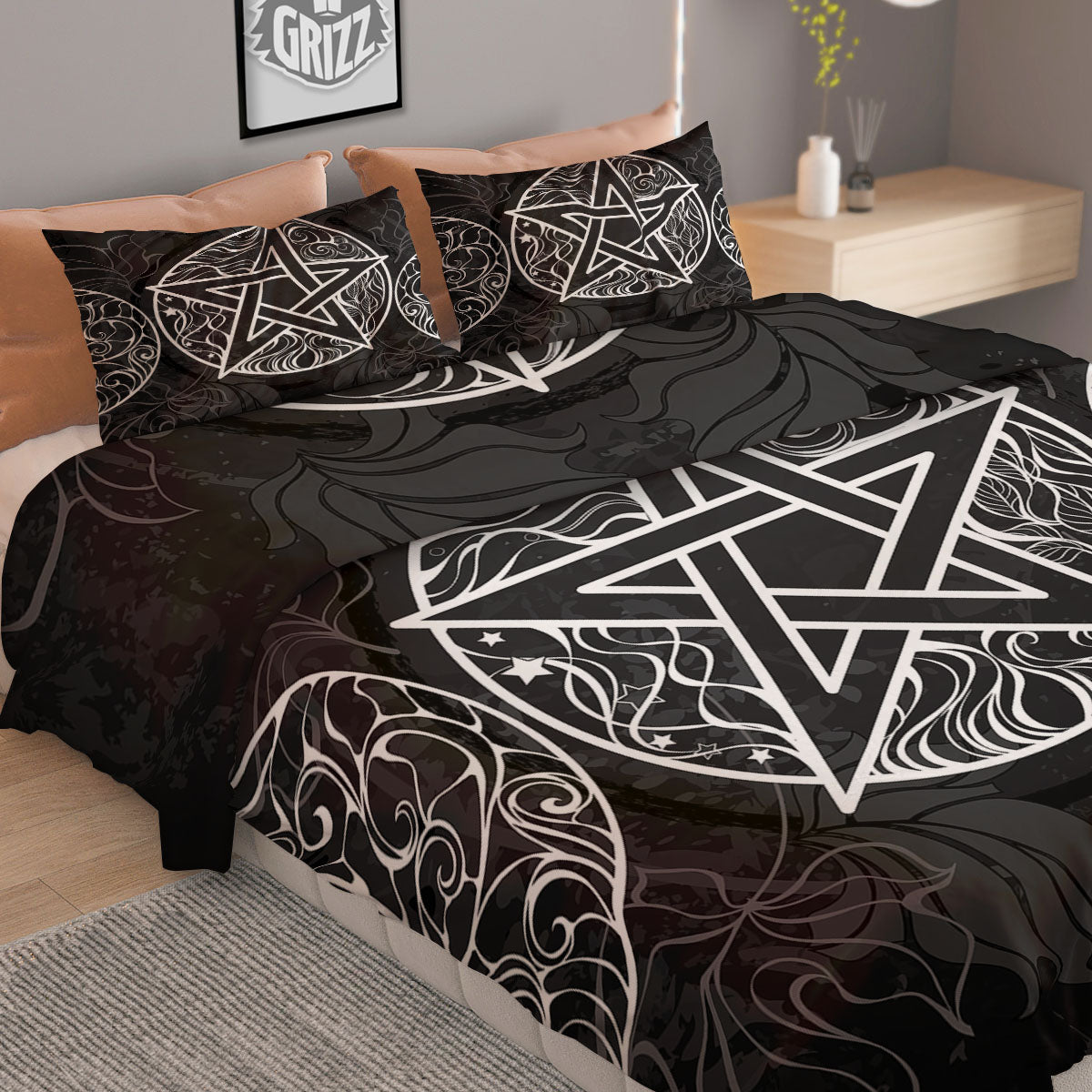 Wicca Pentagram White And Black Print Duvet Cover Bedding Set