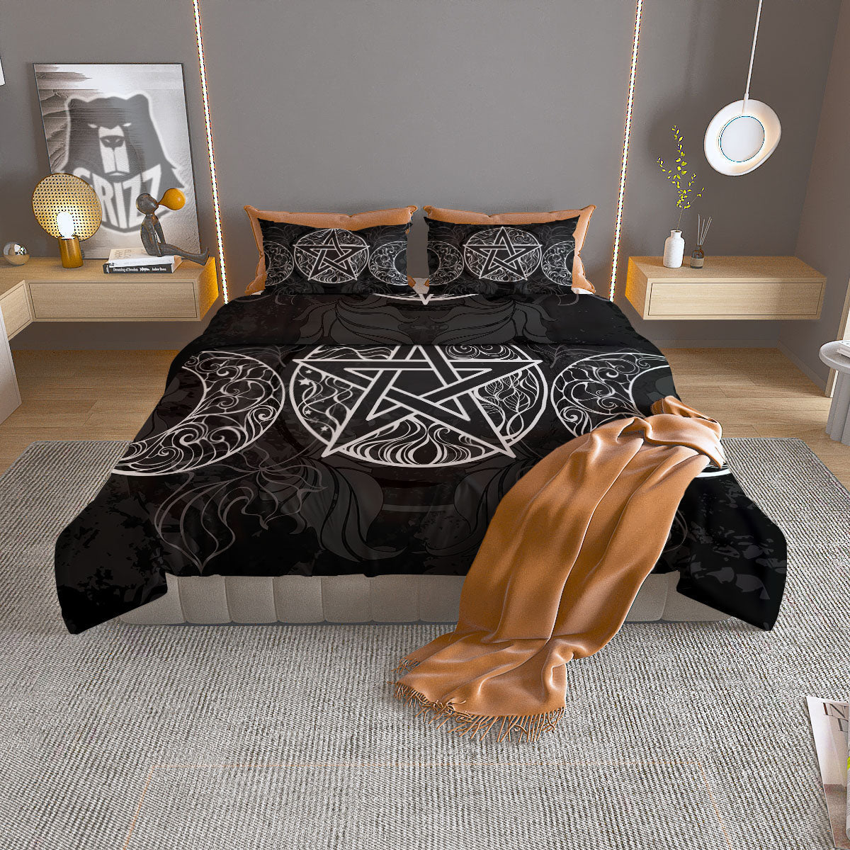Wicca Pentagram White And Black Print Duvet Cover Bedding Set