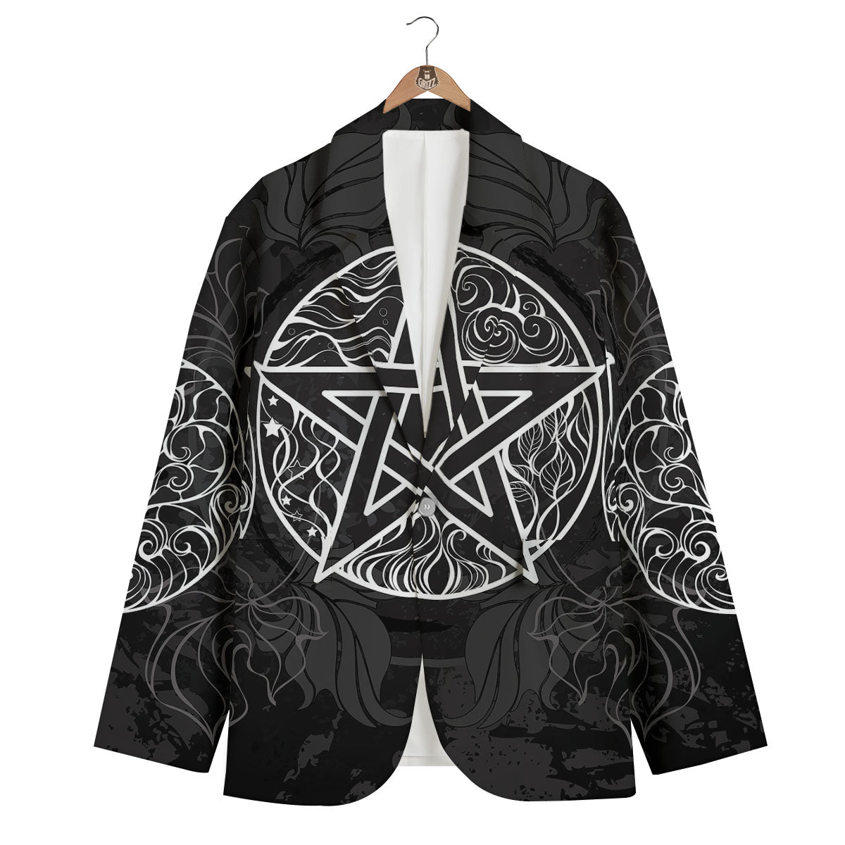 Wicca Pentagram White And Black Print Men's Blazer-grizzshop