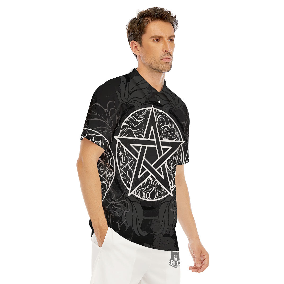 Wicca Pentagram White And Black Print Men's Golf Shirts-grizzshop