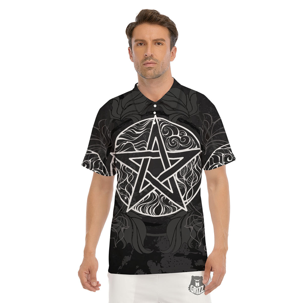 Wicca Pentagram White And Black Print Men's Golf Shirts-grizzshop