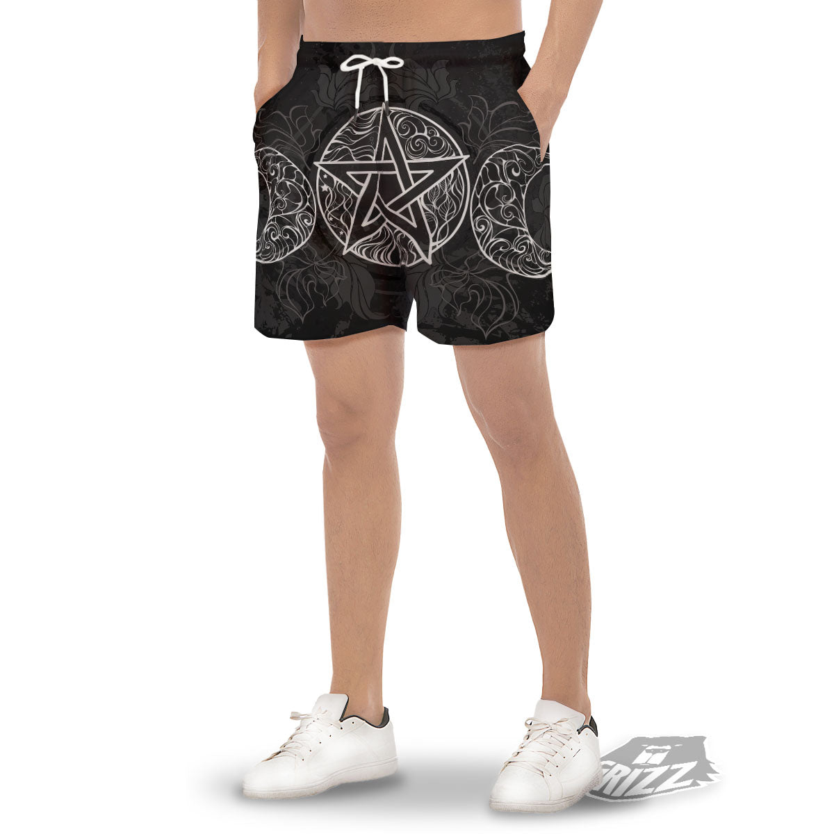 Wicca Pentagram White And Black Print Men's Gym Shorts-grizzshop