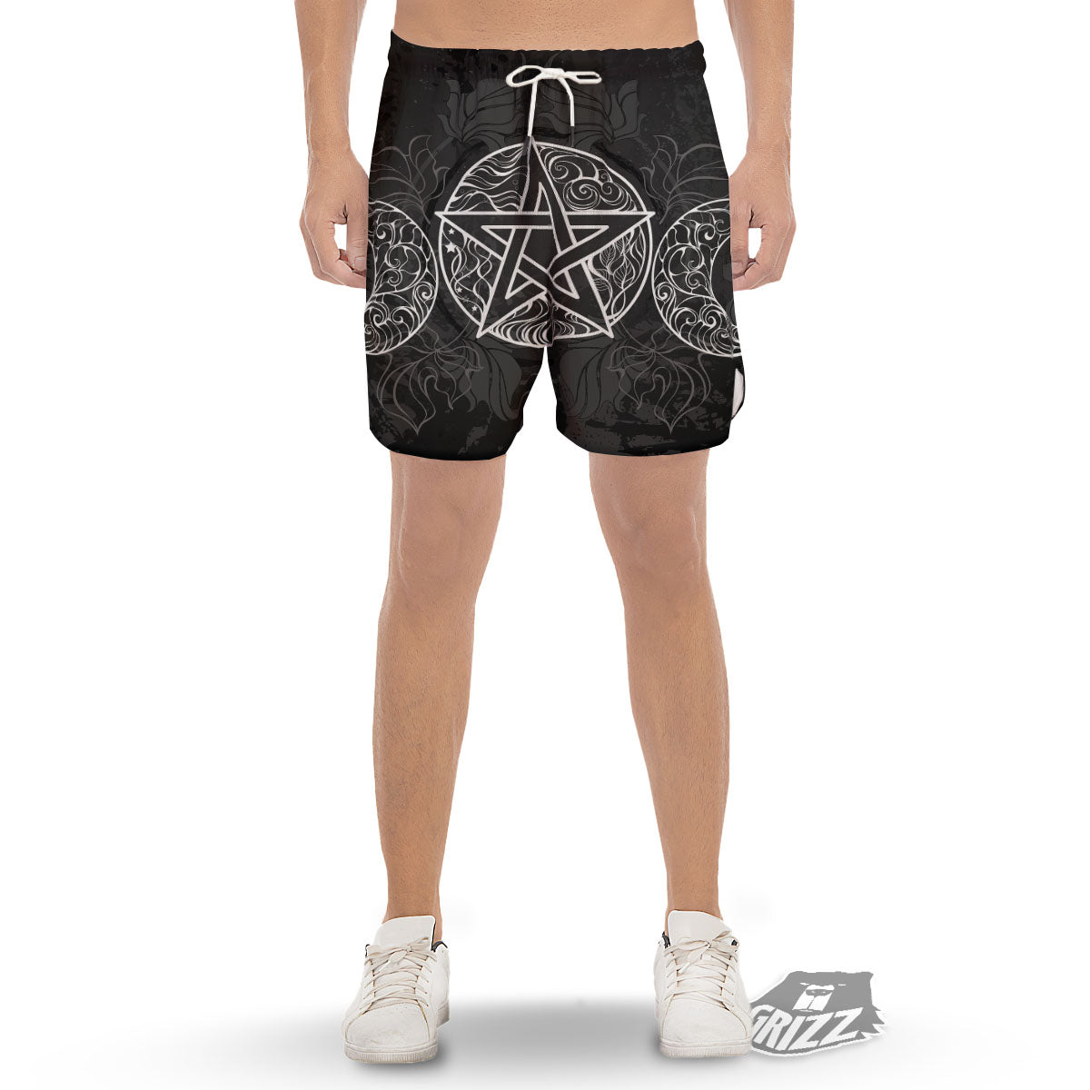 Wicca Pentagram White And Black Print Men's Gym Shorts-grizzshop