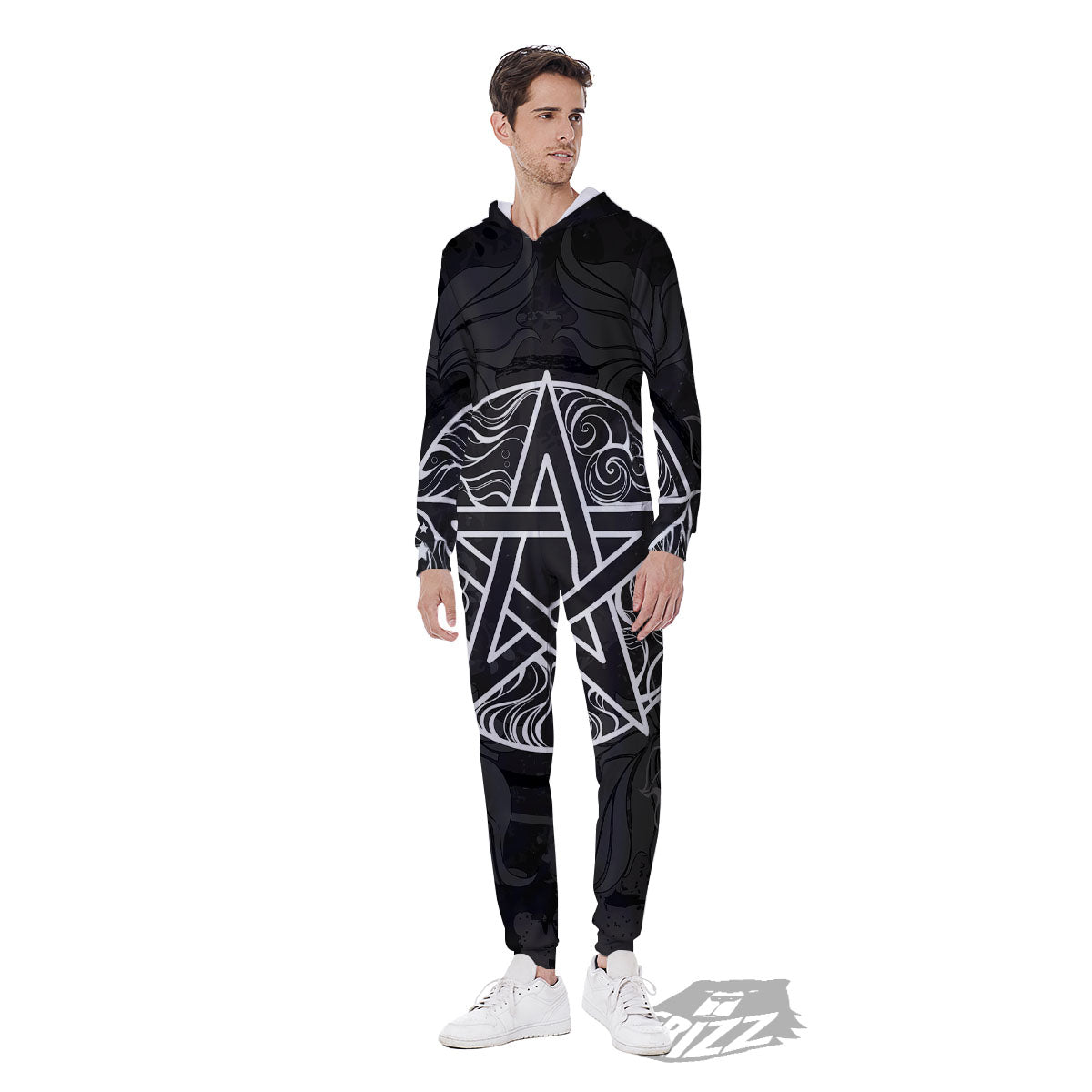 Wicca Pentagram White And Black Print Men's Jumpsuit-grizzshop