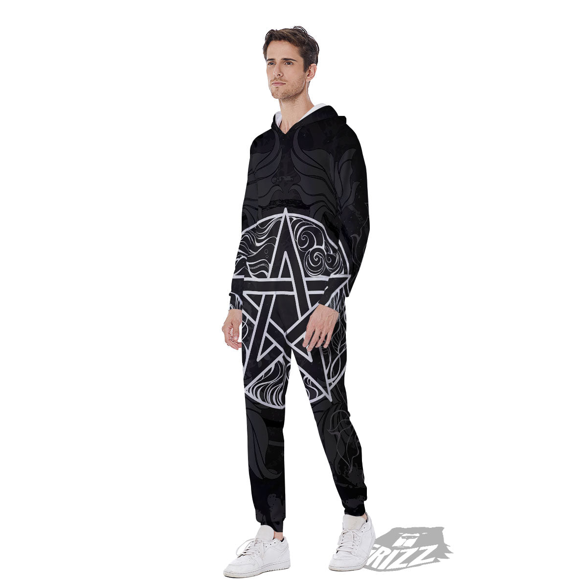 Wicca Pentagram White And Black Print Men's Jumpsuit-grizzshop