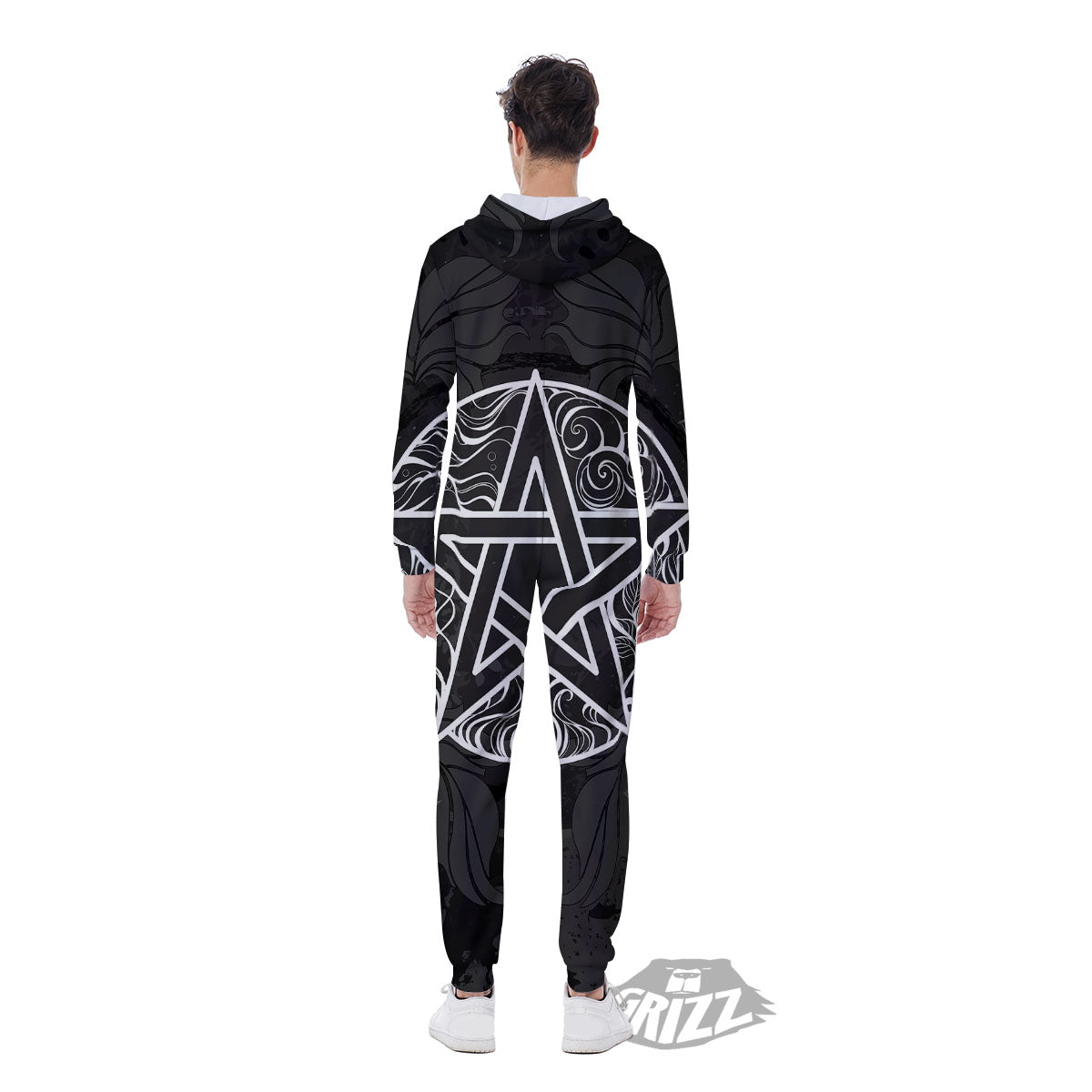 Wicca Pentagram White And Black Print Men's Jumpsuit-grizzshop