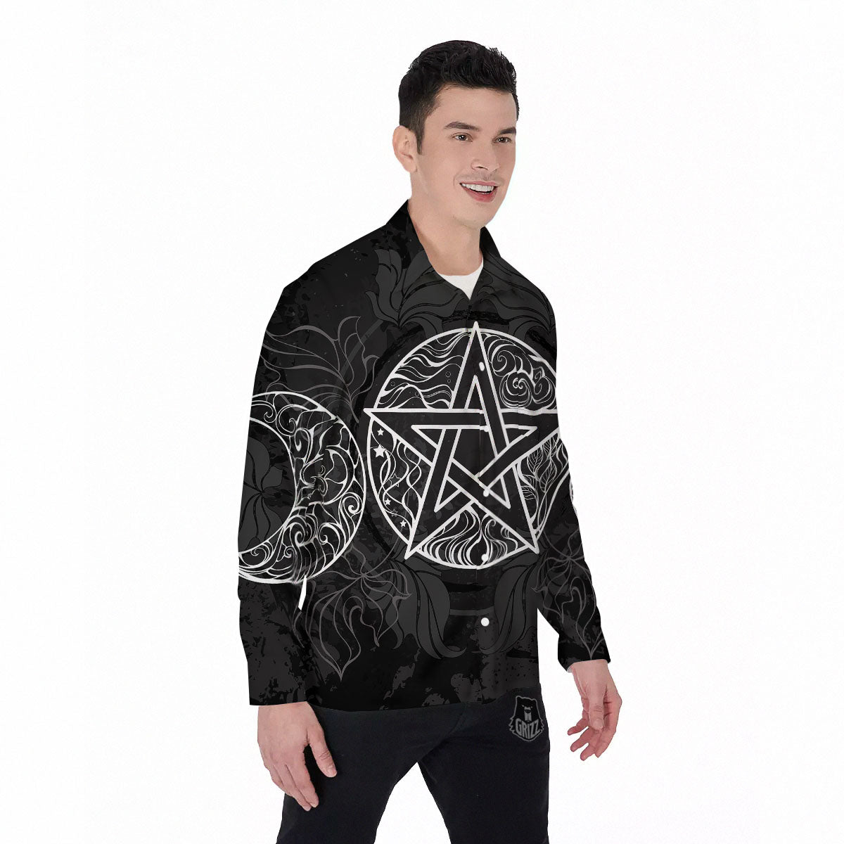Wicca Pentagram White And Black Print Men's Long Sleeve Shirts-grizzshop