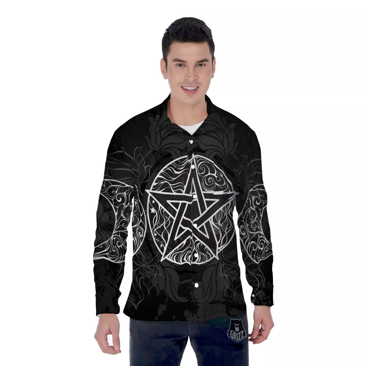 Wicca Pentagram White And Black Print Men's Long Sleeve Shirts-grizzshop