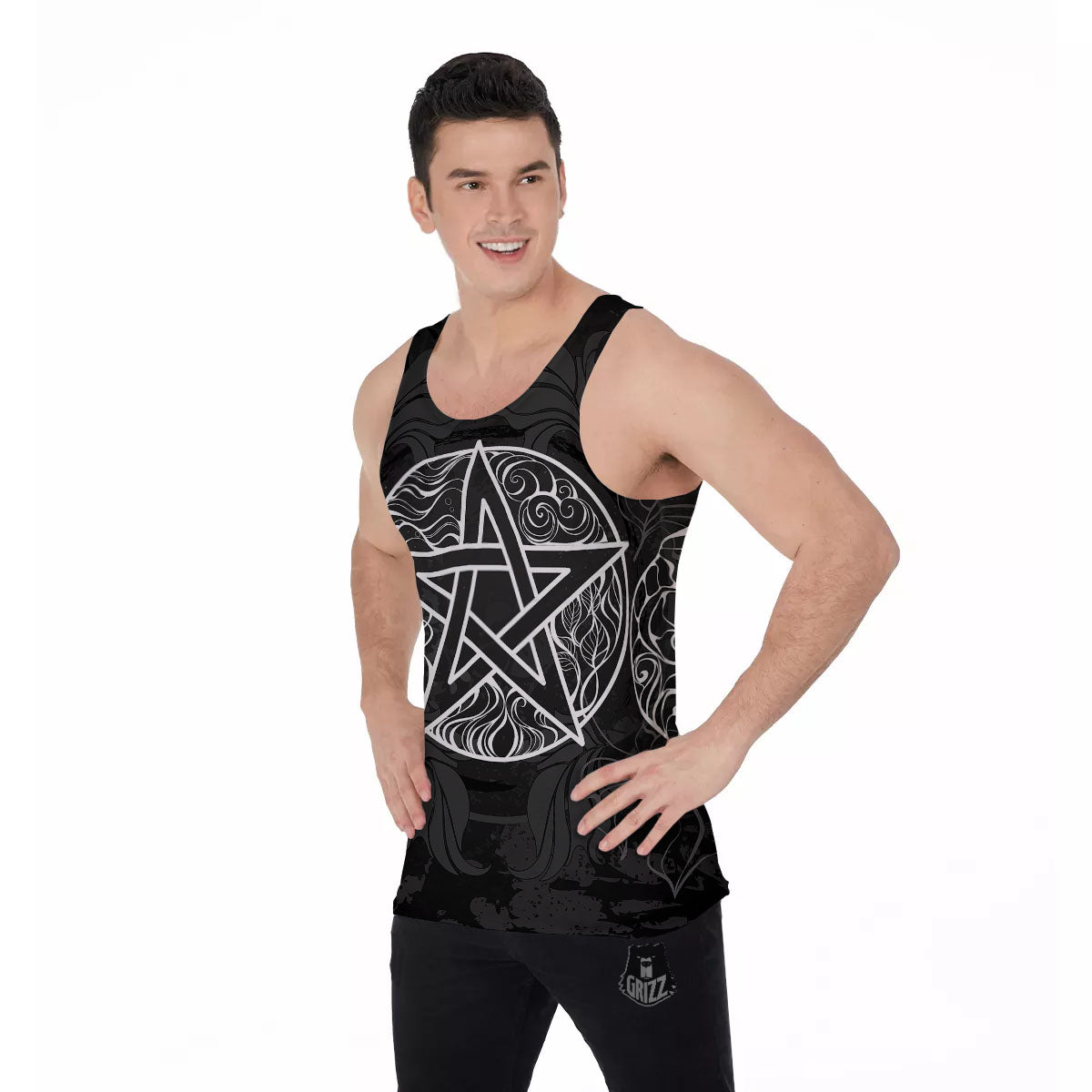 Wicca Pentagram White And Black Print Men's Tank Top-grizzshop