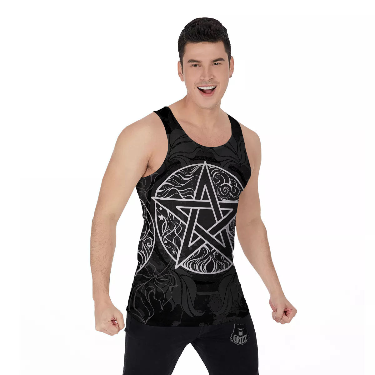 Wicca Pentagram White And Black Print Men's Tank Top-grizzshop