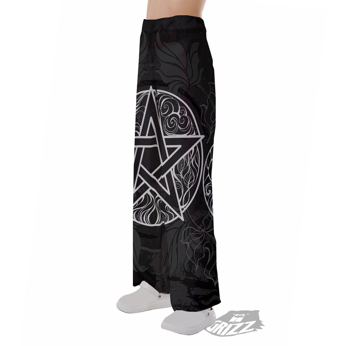 Wicca Pentagram White And Black Print Pajama Pants-grizzshop