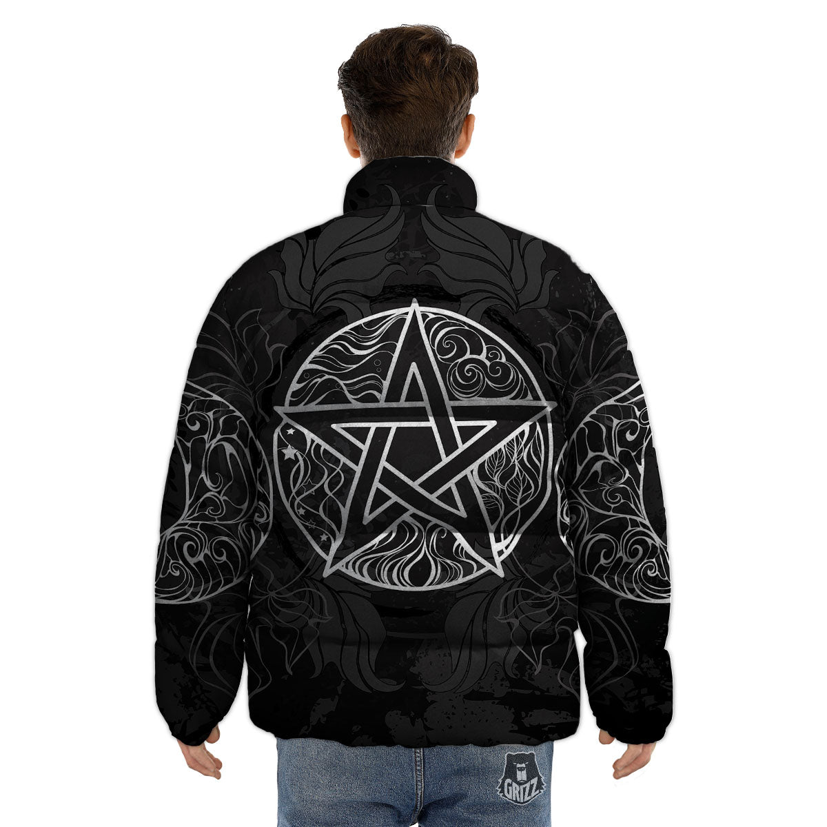 Wicca Pentagram White And Black Print Puffer Jacket-grizzshop