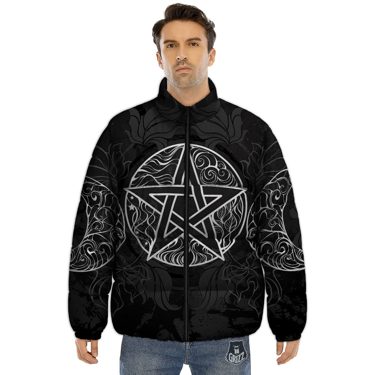 Wicca Pentagram White And Black Print Puffer Jacket-grizzshop