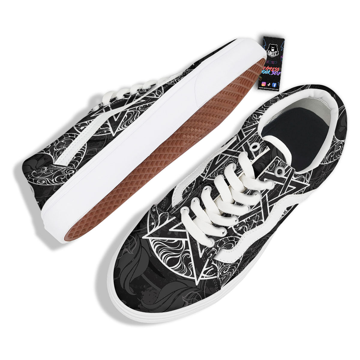 Wicca Pentagram White And Black Print Skate Shoes-grizzshop