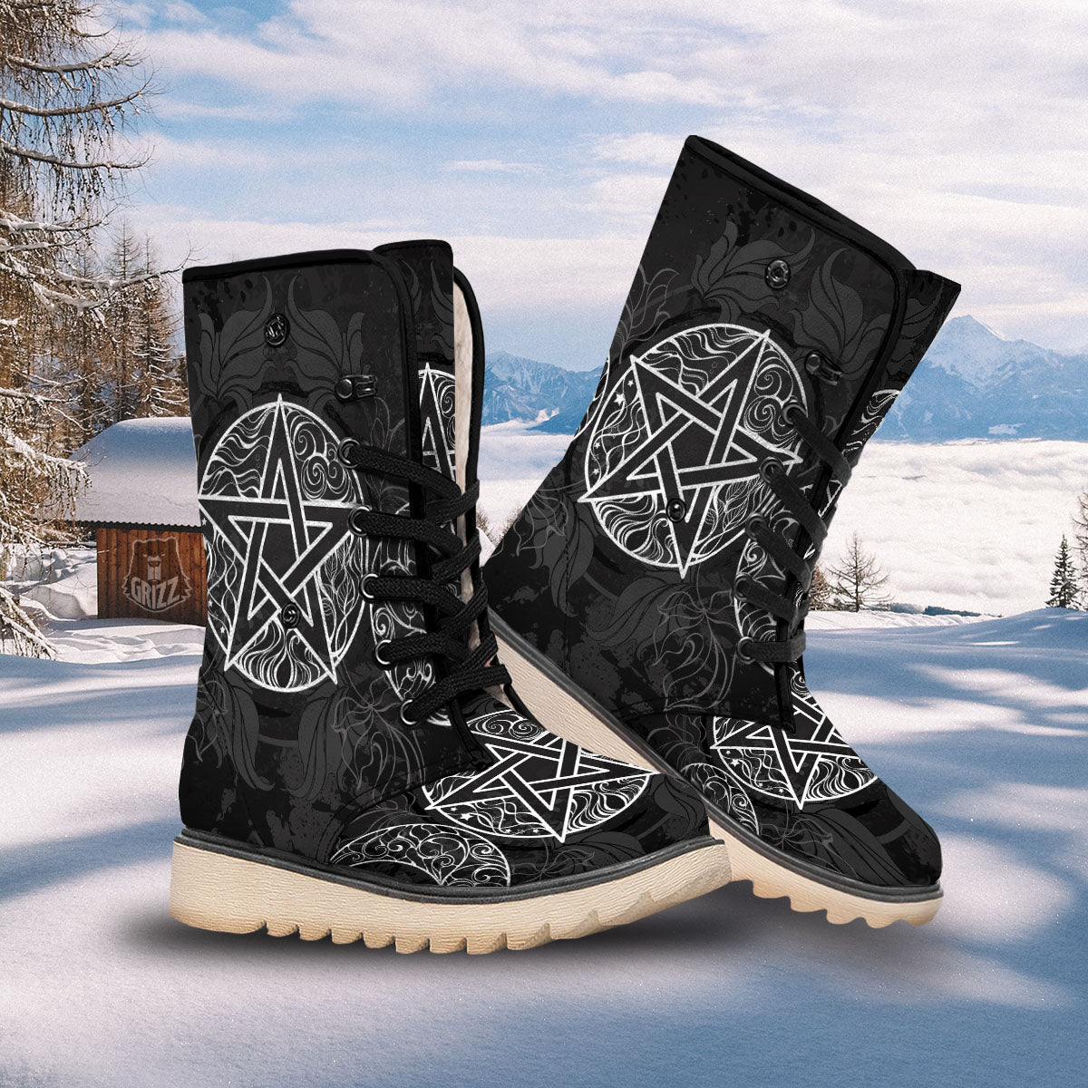 Wicca Pentagram White And Black Print Snow Boots-grizzshop