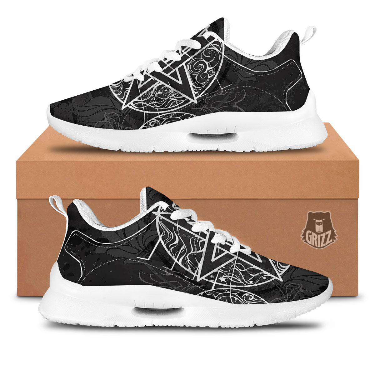 Wicca Pentagram White And Black Print Tennis Shoes-grizzshop