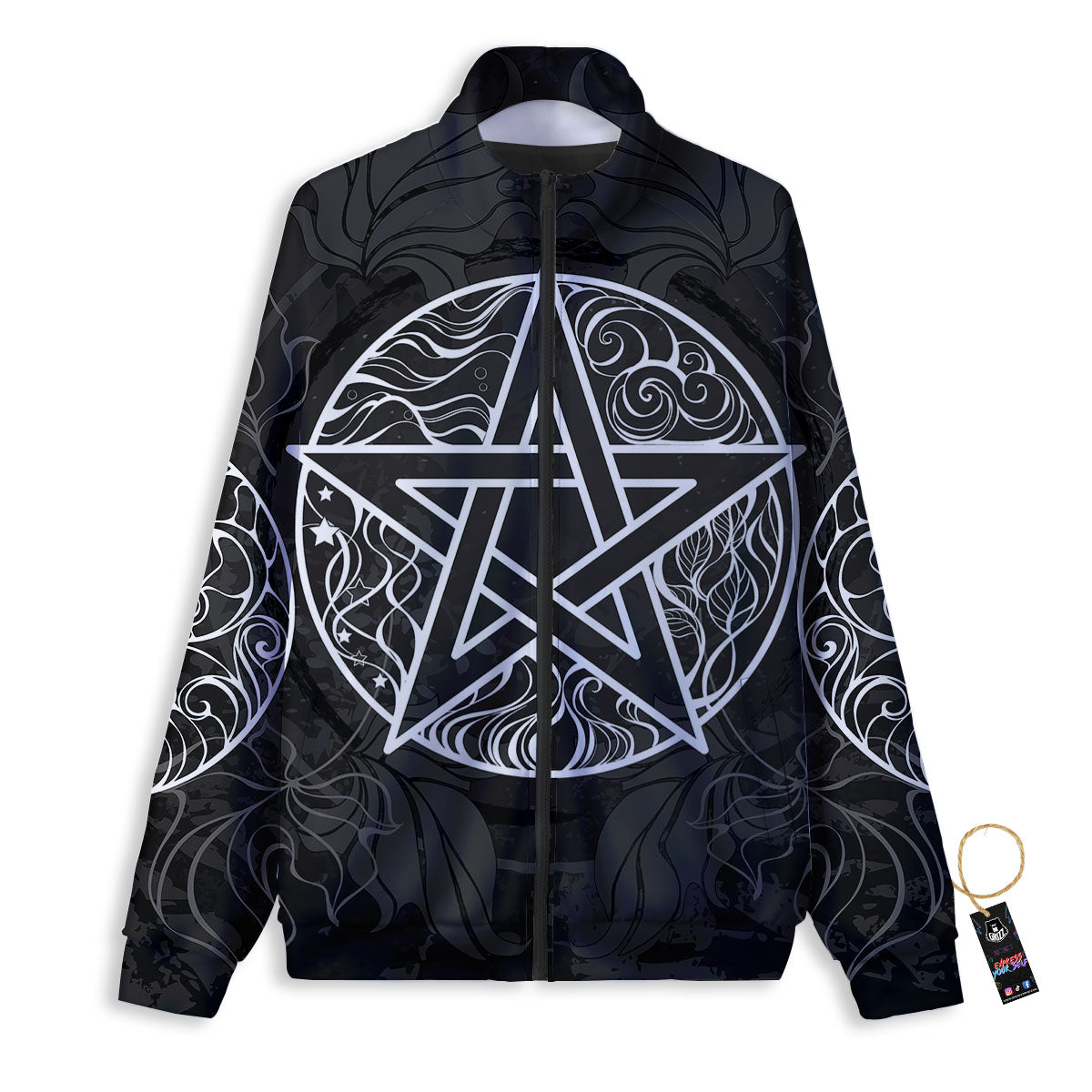 Wicca Pentagram White And Black Print Track Jacket-grizzshop