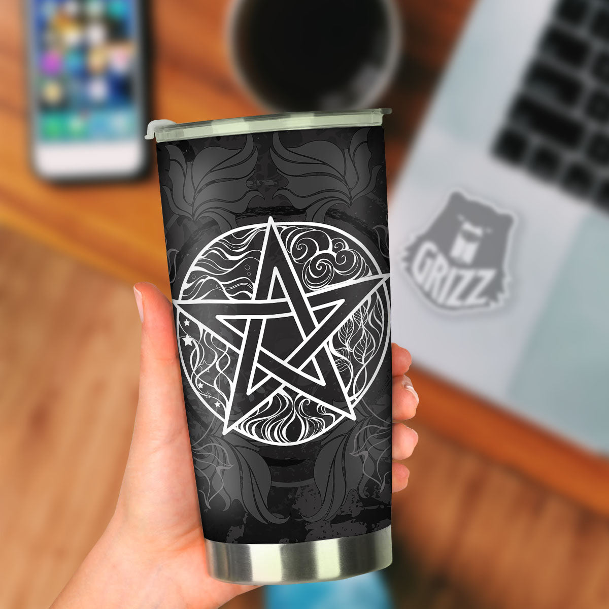 Wicca Pentagram White And Black Print Tumbler-grizzshop