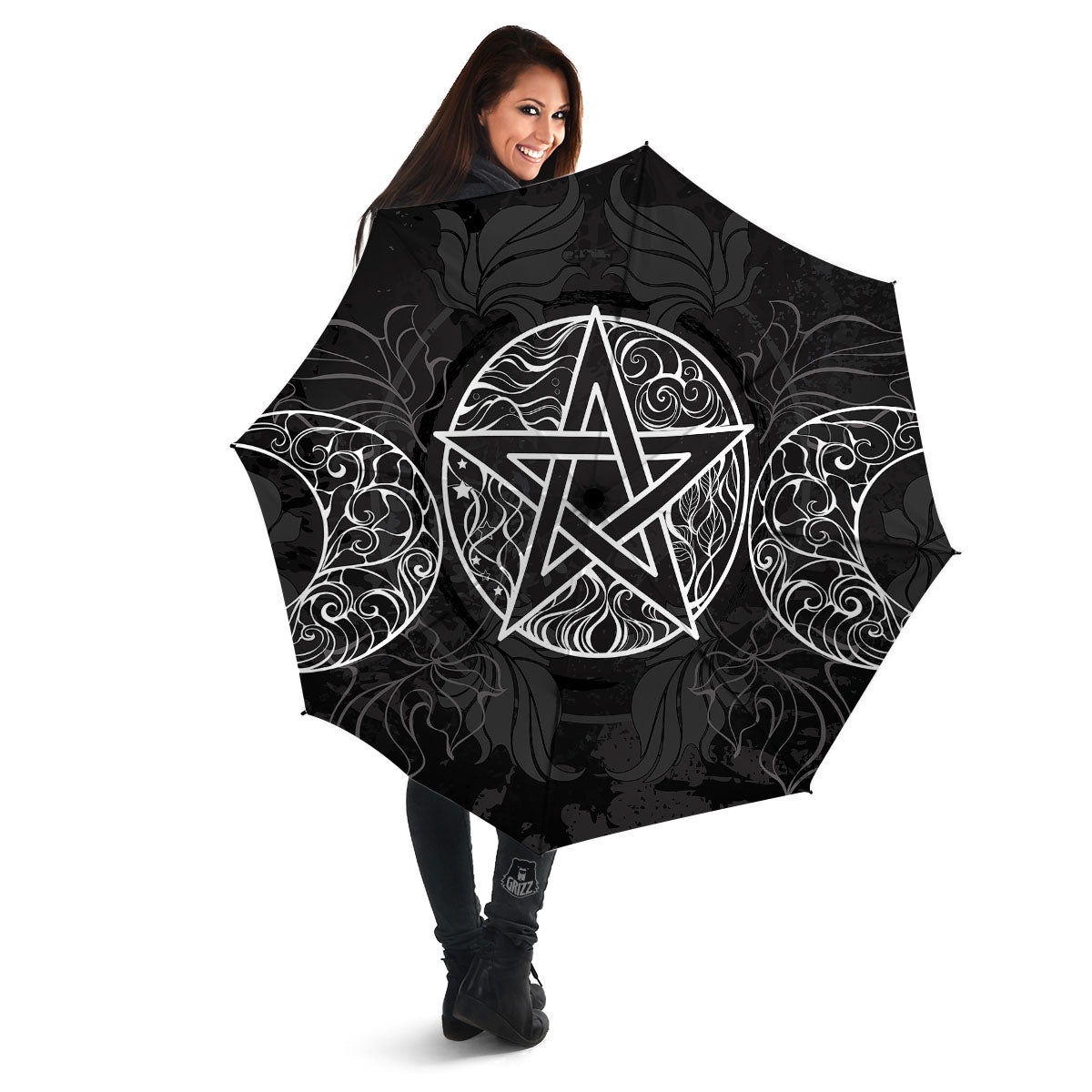 Wicca Pentagram White And Black Print Umbrella-grizzshop
