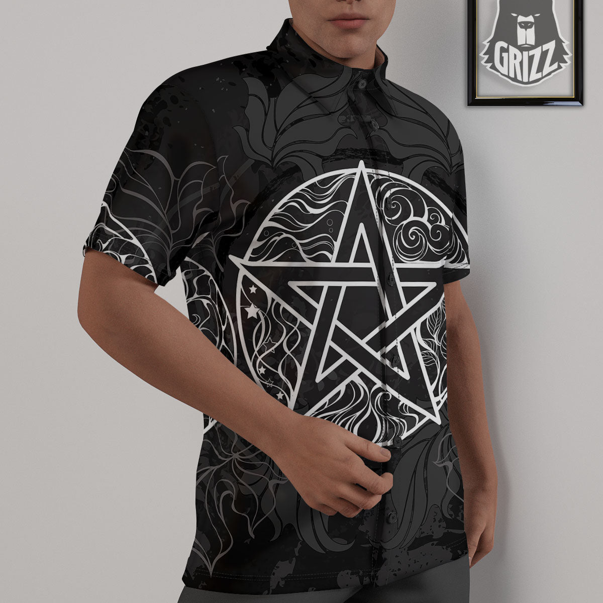 Wicca Pentagram White And Black Print Untucked Shirts-grizzshop
