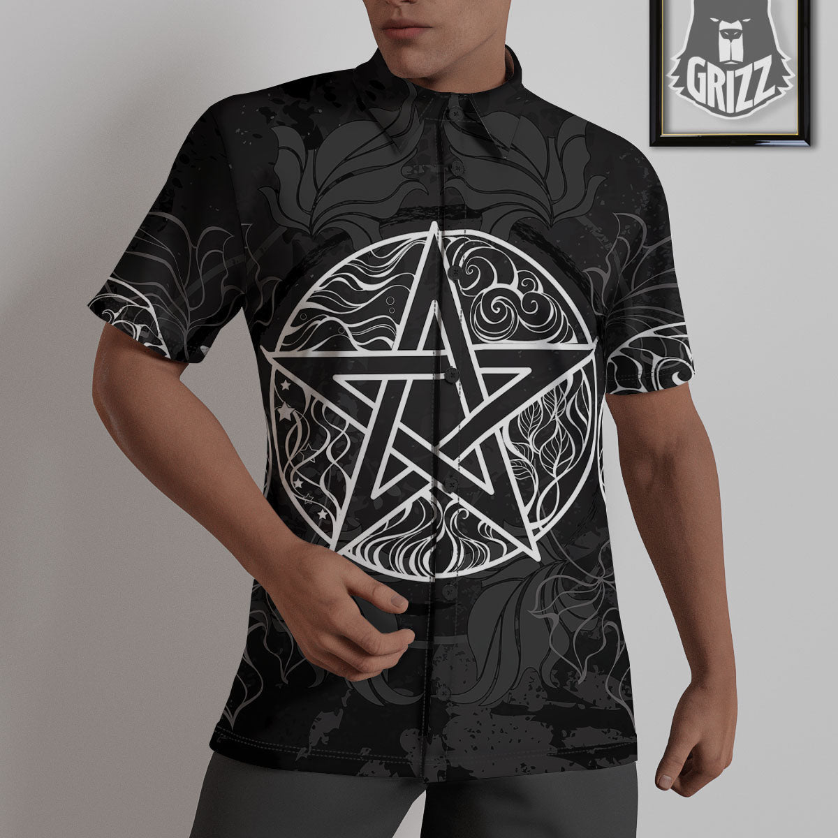 Wicca Pentagram White And Black Print Untucked Shirts-grizzshop