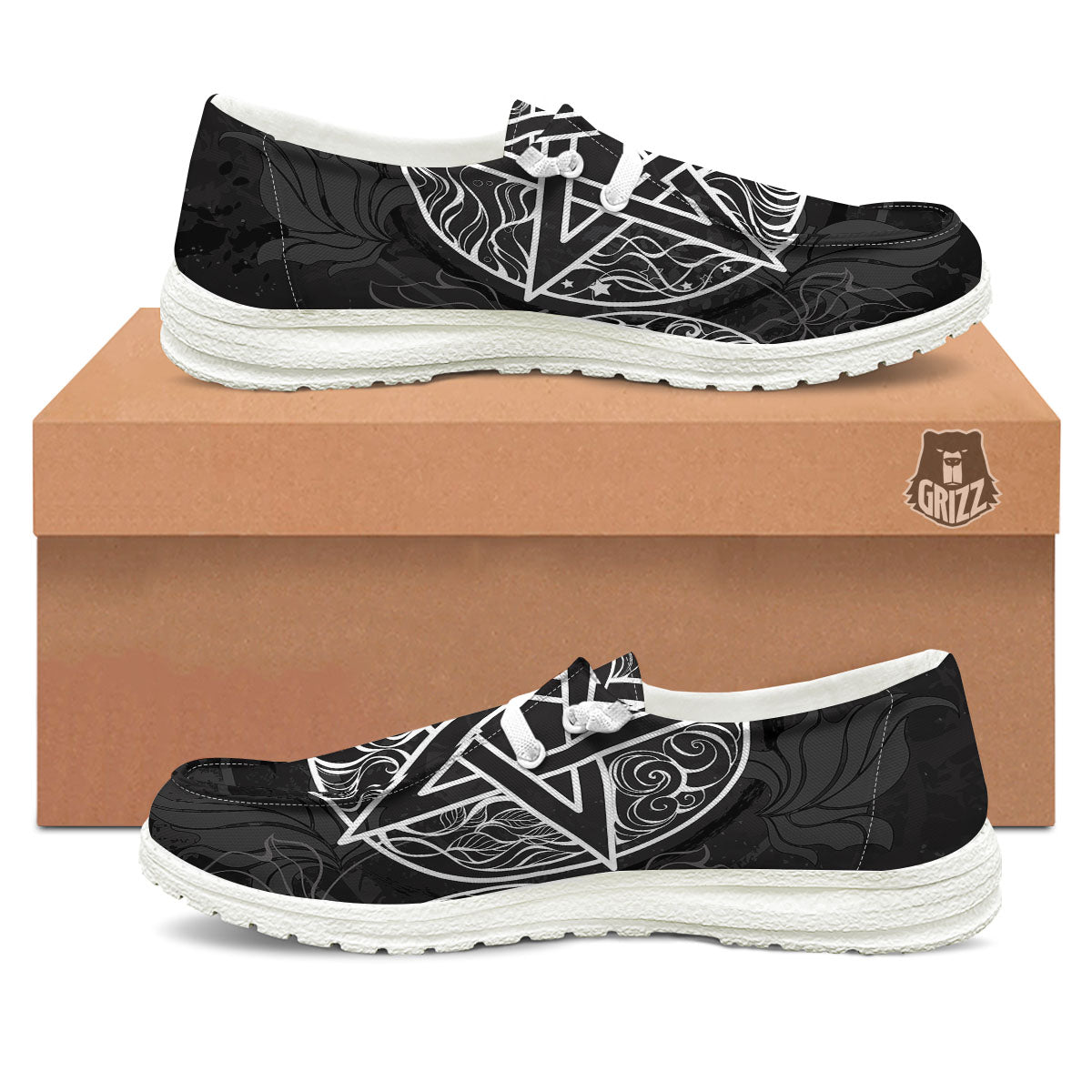 Wicca Pentagram White And Black Print White Loafers-grizzshop