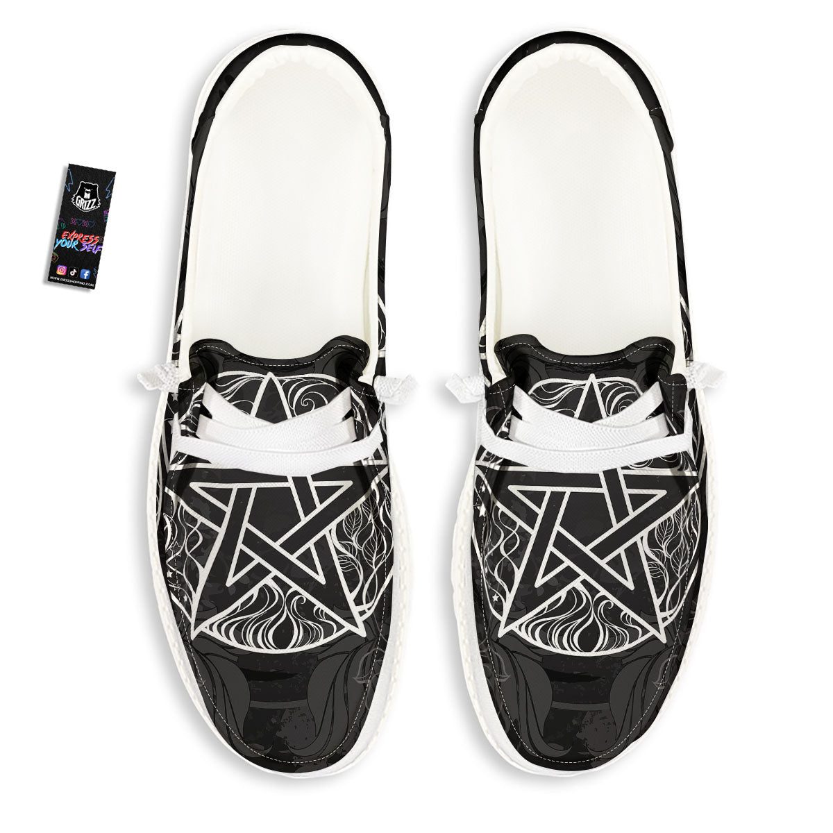 Wicca Pentagram White And Black Print White Loafers-grizzshop