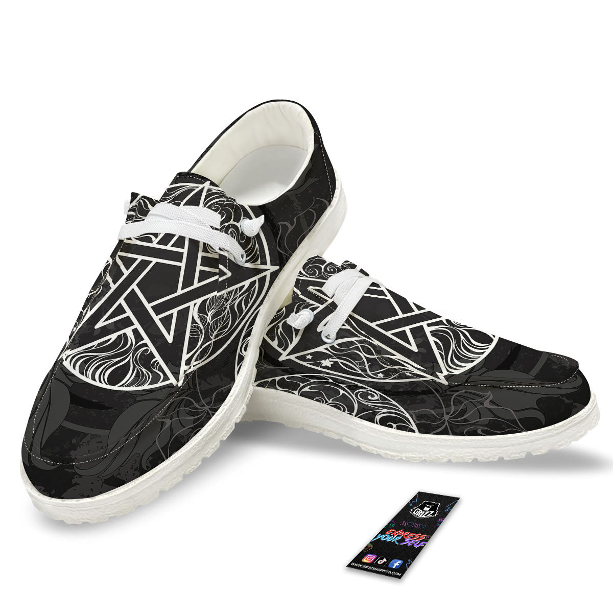 Wicca Pentagram White And Black Print White Loafers-grizzshop