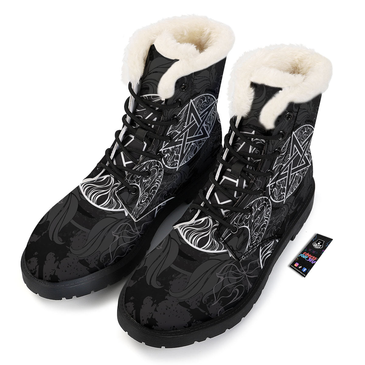 Wicca Pentagram White And Black Print Winter Boots-grizzshop