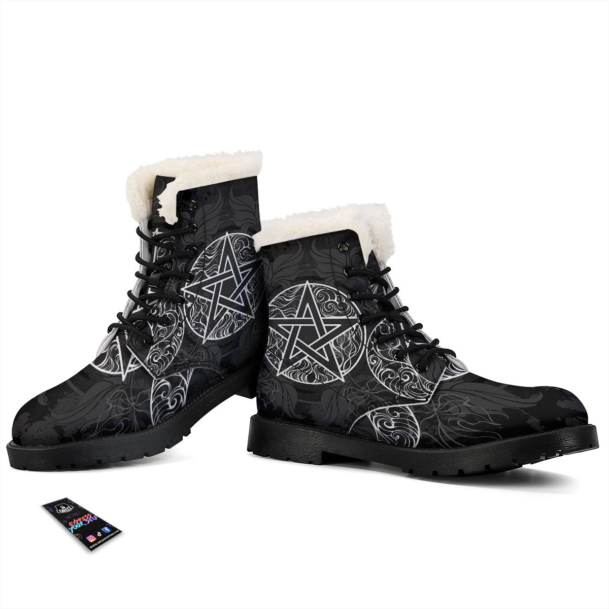 Wicca Pentagram White And Black Print Winter Boots-grizzshop