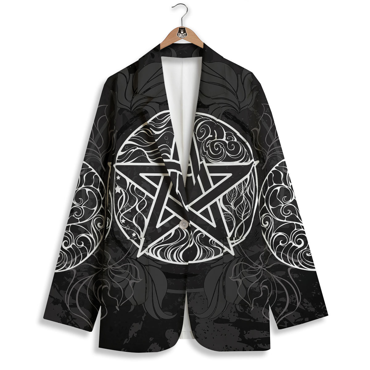 Wicca Pentagram White And Black Print Women's Blazer-grizzshop