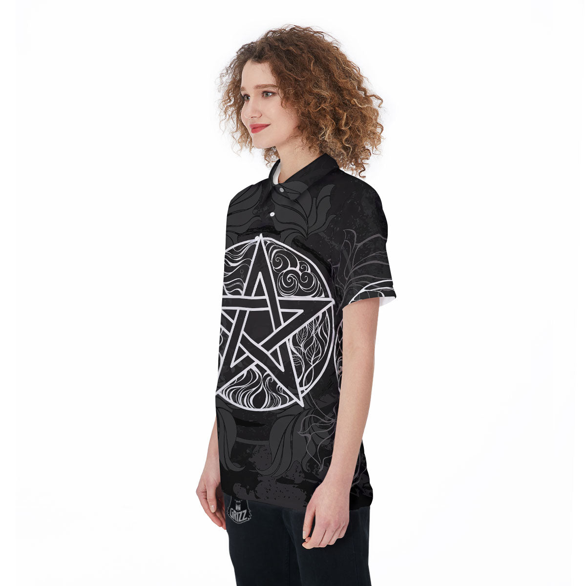 Wicca Pentagram White And Black Print Women's Golf Shirts-grizzshop