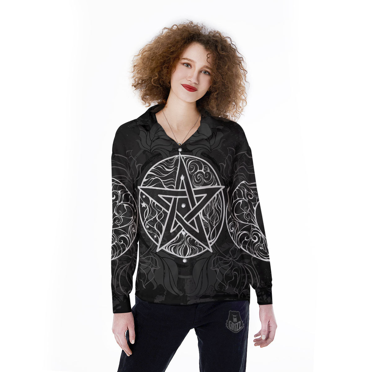 Wicca Pentagram White And Black Print Women's Long Sleeve Shirts-grizzshop