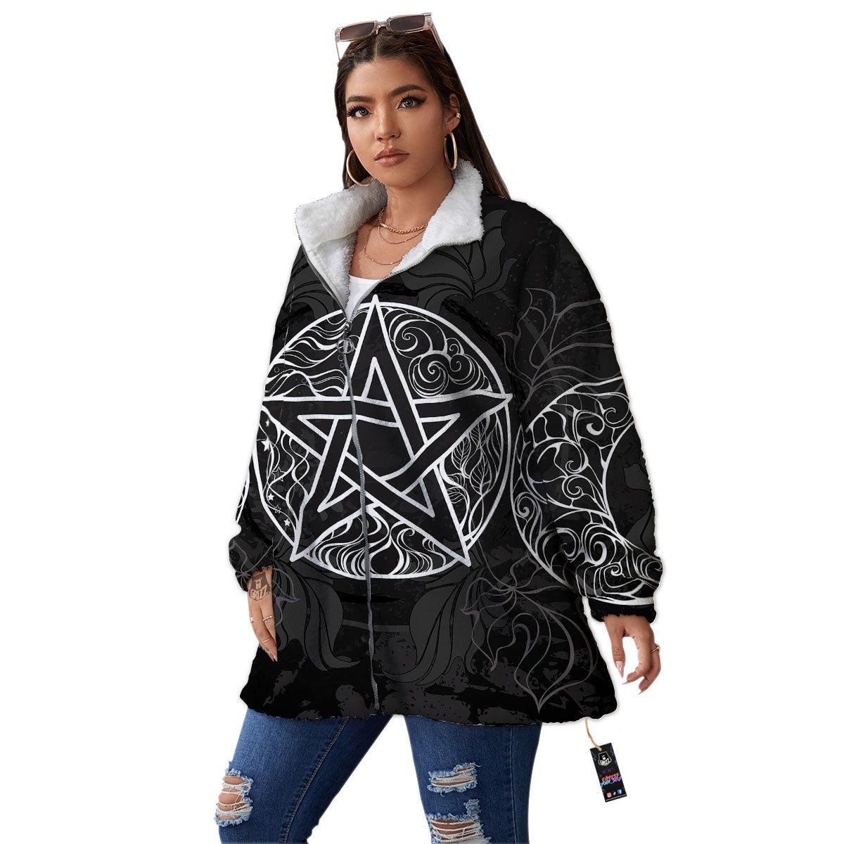 Wicca Pentagram White And Black Print Women's Sherpa Jacket-grizzshop