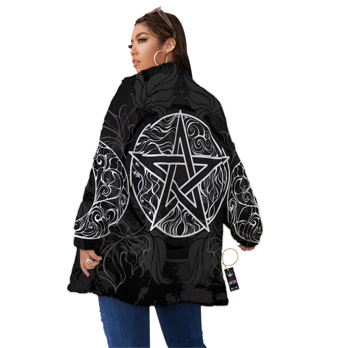 Wicca Pentagram White And Black Print Women's Sherpa Jacket-grizzshop