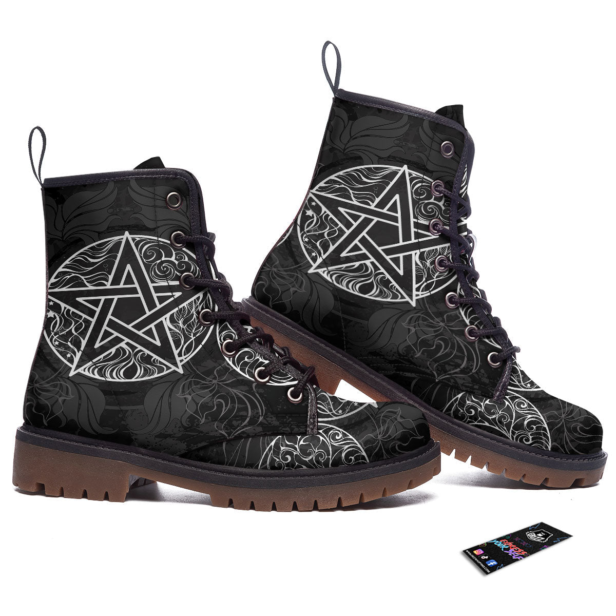 Wicca Pentagram White And Black Print Work Boots-grizzshop