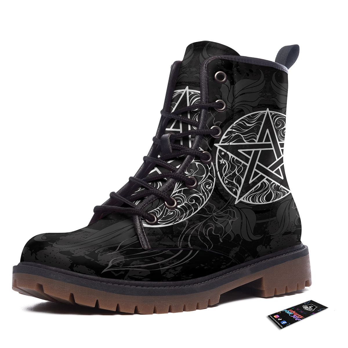 Wicca Pentagram White And Black Print Work Boots-grizzshop