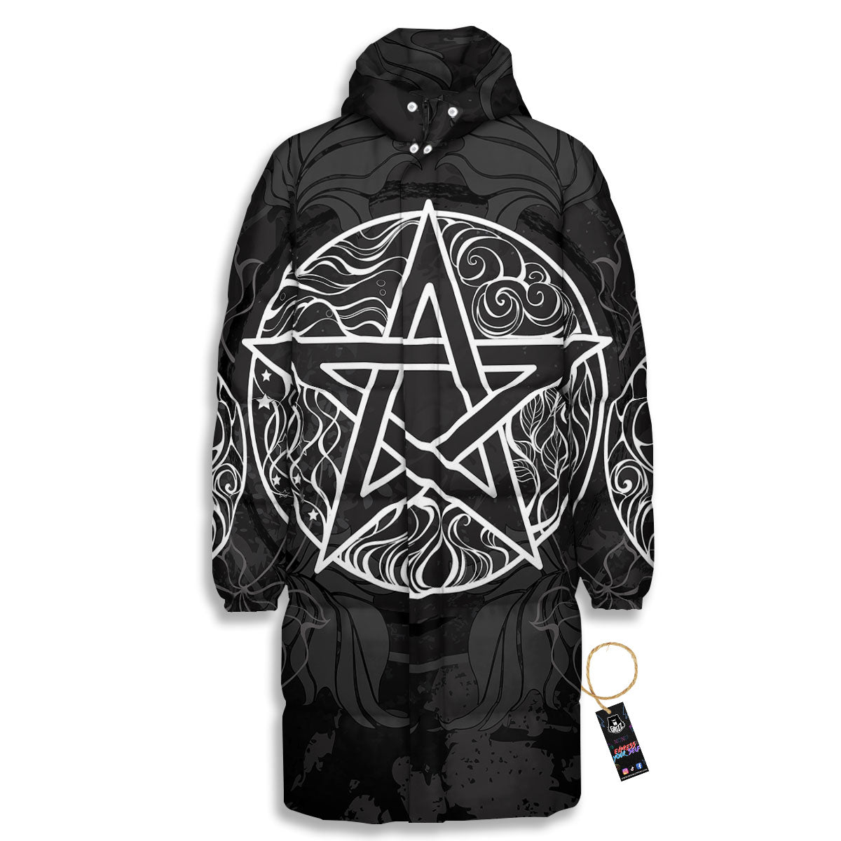 Wicca Pentagram White And Black Print Long Down Jacket