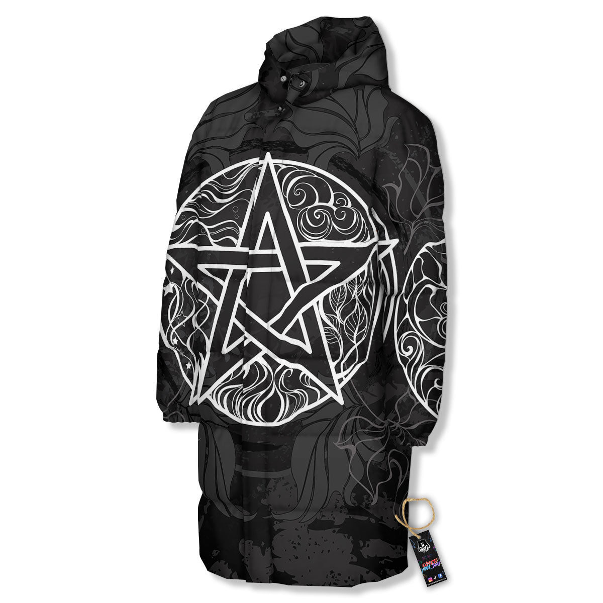 Wicca Pentagram White And Black Print Long Down Jacket